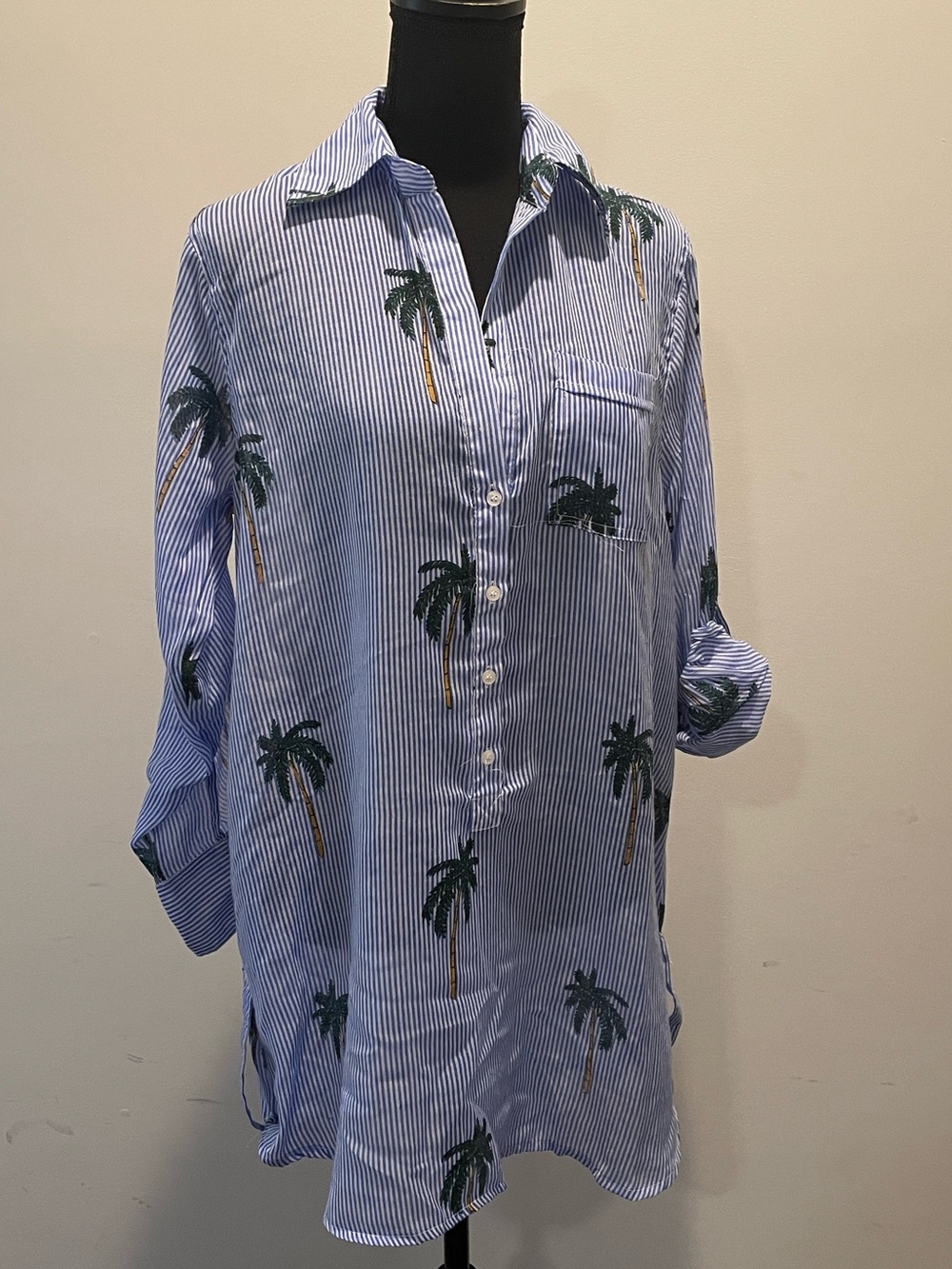 Violet Sky Overshirt Swim Coverup Size S Blue White Stripes Tropical Beachy